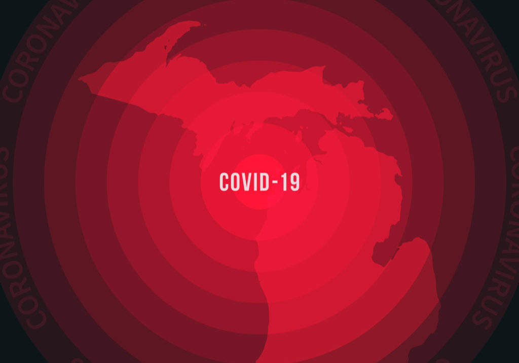 Coronavirus pandemic reported on the map of Michigan. Spread of COVID-19 represented with red circles on a black background, like a radar screen. Conceptual image: coronavirus detected, quarantined area, spread of the disease, coronavirus outbreak on the territory, virus alert, danger zone, confined space, closing of borders, area under control, stop coronavirus, defeat the virus. Vector Illustration (EPS10, well layered and grouped). Easy to edit, manipulate, resize or colorize.